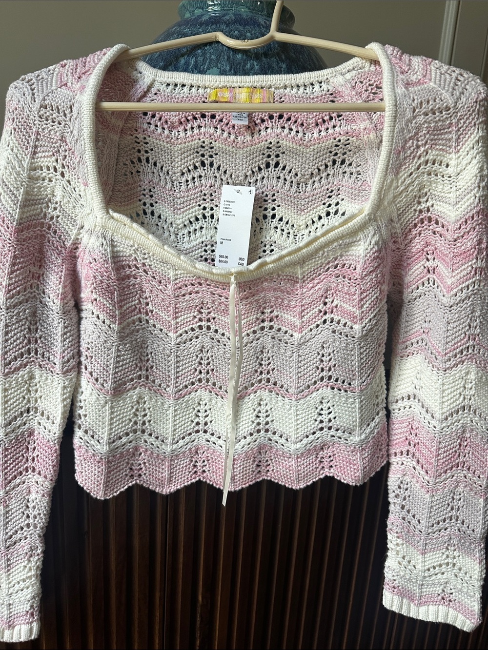 Urban Outfitters Pink and Cream Cropped Tie-Front Knit Cardigan